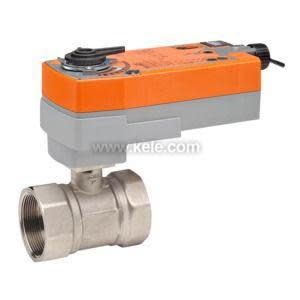 Compact actuator assembly with orange and gray housing mounted atop a stainless ball valve with threaded female ends
