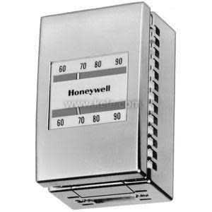 A silver-colored analog thermostat with a rectangular face plate showing a temperature scale labeled 60 to 90 degrees Fahrenheit and the Honeywell logo.