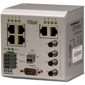 Grey industrial network switch unit featuring multiple ports, round fiber jacks and a serial connector on the front
