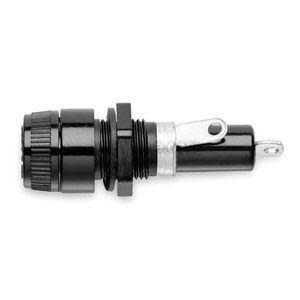 Small black plug‑like component with a screw thread, circular cap and mounting eyelet