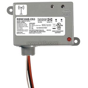 A grey rectangular wireless relay module marked "RIBW208B-EN3" with an antenna icon on the label; it features a red indicator light and multiple specifications printed on its face, with colored wires extending from the bottom.