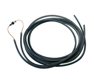 Large coil of black flexible tubing fitted with a copper loop and small connector assemblies at one end, used in heating or cooling system monitoring.