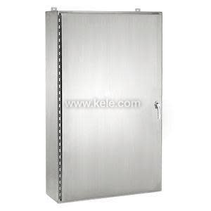 Vertical brushed stainless steel cabinet with a full-length piano hinge on one side and a single latch handle on the other for three-point locking.