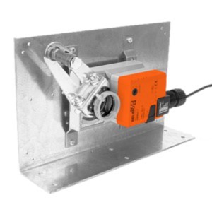 Large metal plate with a mechanical linkage and an orange motor attached on the right, used for damper control