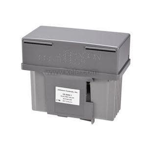 A grey plastic control box with a printed label and vent-like grooves on the sides.