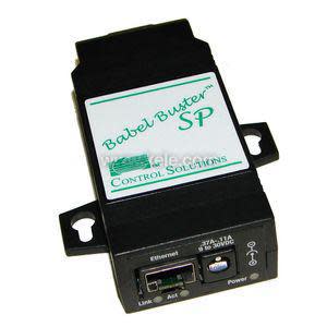 Black handheld module labeled Babel Buster SP featuring an Ethernet jack, power jack and mounting ears