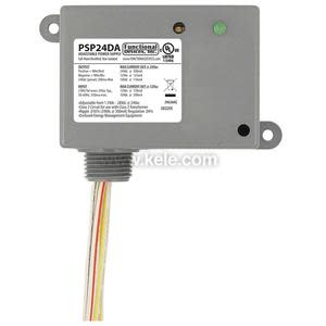 Compact gray rectangular module labeled PSP24DA with a green LED light and multi-coloured wires emerging from bottom.