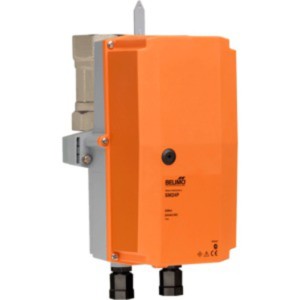 Orange rectangular weatherproof actuator housing with two black connectors at bottom and mounting bracket.