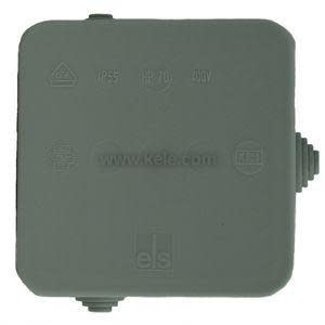 Grey plastic junction box with hinged lid and terminals