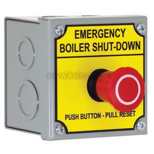 Yellow emergency boiler shutdown station with red push button and labelled instructions