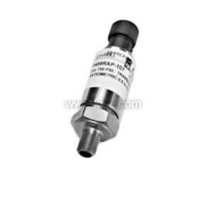 Photograph of a small metallic pressure transmitter with a threaded connector at the bottom and a black electrical connector at the top.