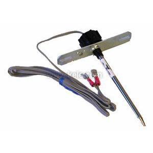 Metal probe sensor attached to a flat mounting plate, accompanied by a long gray wire harness with red and white connectors.