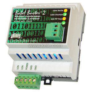 White plastic DIN-rail module with black top labeled 'Babel Buster', green screw terminal blocks and LED indicators