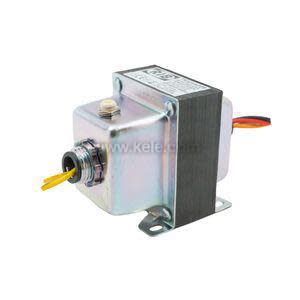 Metal cased transformer with labelled sticker and wires.