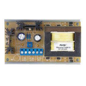 Rectangular circuit board with yellow transformer on right, blue terminal block and electronic components on left.