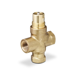 Brass mixing valve with cross body and vertical stem.