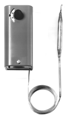 Thermostat with circular dial displaying temperature numbers and coiled capillary sensor