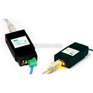 Pair of small black interface modules with built‑in USB cords and green terminal blocks