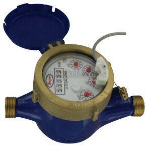 Blue and brass water meter with round register showing dials and digits, hinged lid open and small grey wire attached.