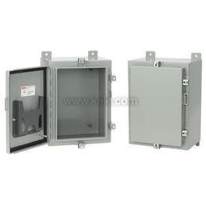 Gray boxy enclosure; the left one open exposing a tall empty interior, the right closed.