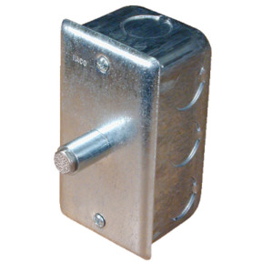 Galvanized steel electrical box with a short metal tube extending outward.