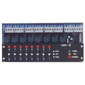 Long black module with eight relays, indicator lights and pushbuttons.