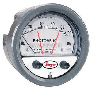 Round grey Dwyer Photohelic pressure gauge with dual red needles