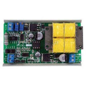 Rectangular printed circuit board with four yellow relay blocks, blue potentiometer knobs and various electronic components