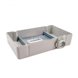 Rectangular grey plastic box without a lid, showing a threaded connector on one side and space inside.