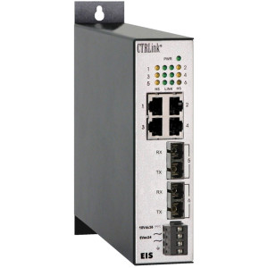 Tall grey network switch device with six green status lights, four Ethernet ports and fiber modules on the front panel