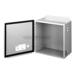 A metallic rectangular electrical enclosure with its side-hinged door open, revealing an empty grey interior against a plain background