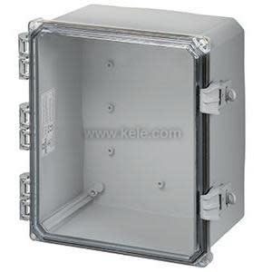 Gray plastic enclosure with clear hinged door and side latches