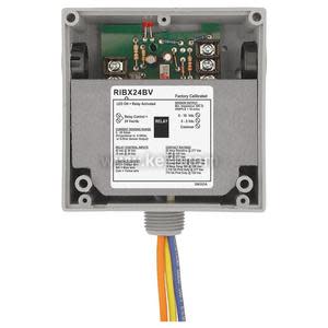 Gray control box with circuit board, printed label and colored wires at bottom.
