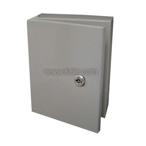 A rectangular grey metal box with a keyed lock on the front, used to house electrical components