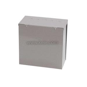 Medium grey metal enclosure with hinged door.