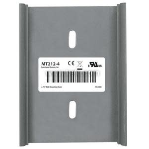 A grey metal bracket shaped like a shallow channel, with two elongated holes lined up vertically and a label affixed to the front.