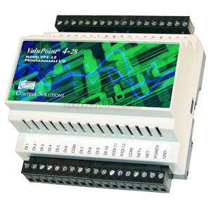 A white programmable control module with a green front design and top and bottom terminal strips.