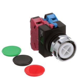 Round indicator light with chrome bezel and three colored lenses stacked side by side.