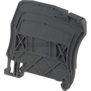 Curved dark gray end plate for rail-mounted device