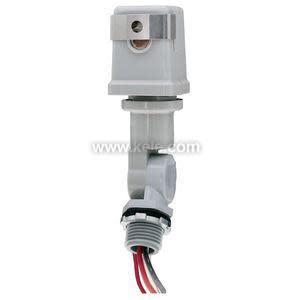 Grey plastic vertical float switch with pivoting arm and wires.
