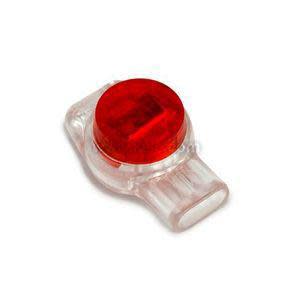 Clear plastic wire connector with red button top.