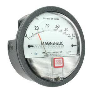 Circular Magnehelic pressure gauge with pointer, clear lens and scale from negative to positive inches of water