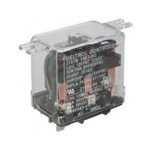 Clear Deltrol cube relay showing internal coil and contacts with printed specifications.