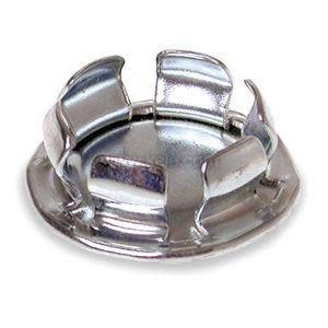 A circular metallic fastener featuring a flat base and multiple curved tabs that bend upward and inward, commonly used as a push-on speed nut