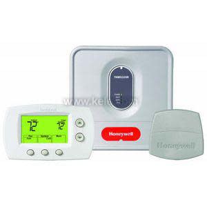 A three-piece home climate control kit including a white thermostat with a green display showing 72 degrees, a square gray equipment interface module with an oval status window, and a small gray sensor unit.