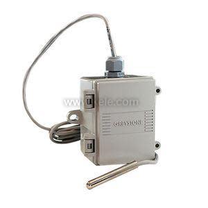 Small grey sensor box with attached stainless probe and cable.