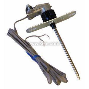 A long thin metallic probe secured to a horizontal bracket and small housing, accompanied by a coiled gray cable bound with a blue tie, displayed against a white background.