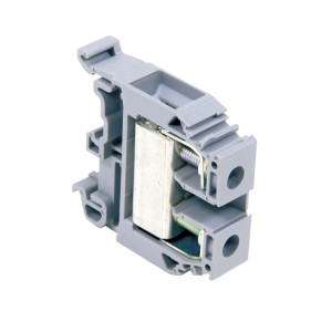 Close-up of a grey DIN rail terminal block with a metal clamp and two screw holes.