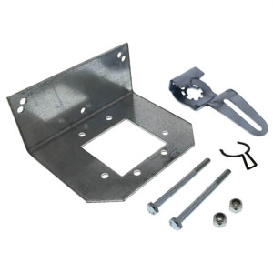 Metal L-shaped bracket with central cutout and multiple holes, along with a slotted clamp piece, two bolts with nuts and a small spring clip