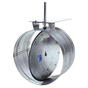 Circular metal duct damper with large round blade and center shaft protruding upward.
